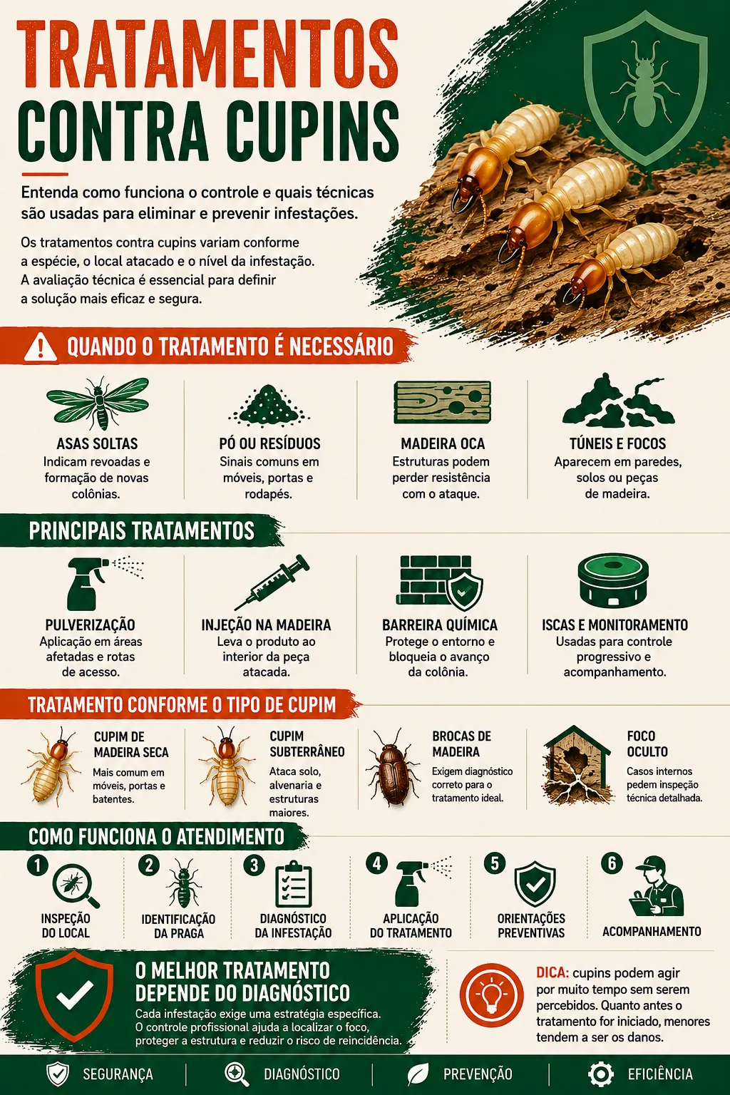 Infográfico detalhado sobre métodos de controle e tratamentos contra cupins